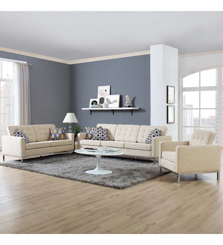 Loft 3 Piece Upholstered Fabric Sofa Loveseat and Armchair Set in Beige - Lexmod