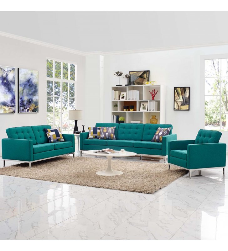 Loft 3 Piece Upholstered Fabric Sofa Loveseat and Armchair Set in Teal - Lexmod