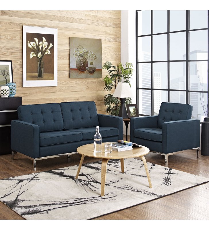 Loft Living Room Set Upholstered Fabric Set of 2 in Azure - Lexmod