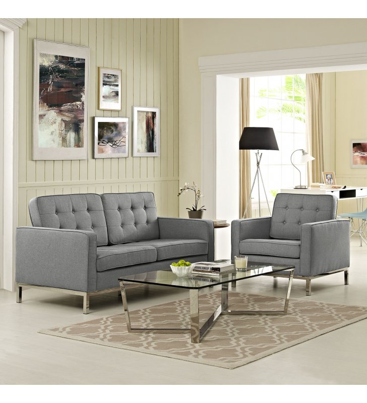 Loft Living Room Set Upholstered Fabric Set of 2 in Light Gray - Lexmod