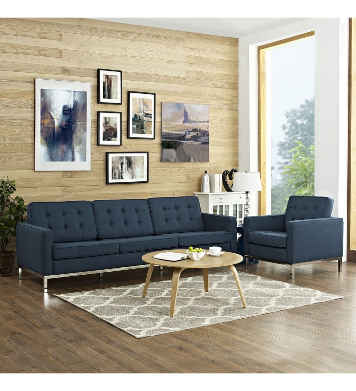 Loft 2 Piece Upholstered Fabric Sofa and Armchair Set in Azure - Lexmod