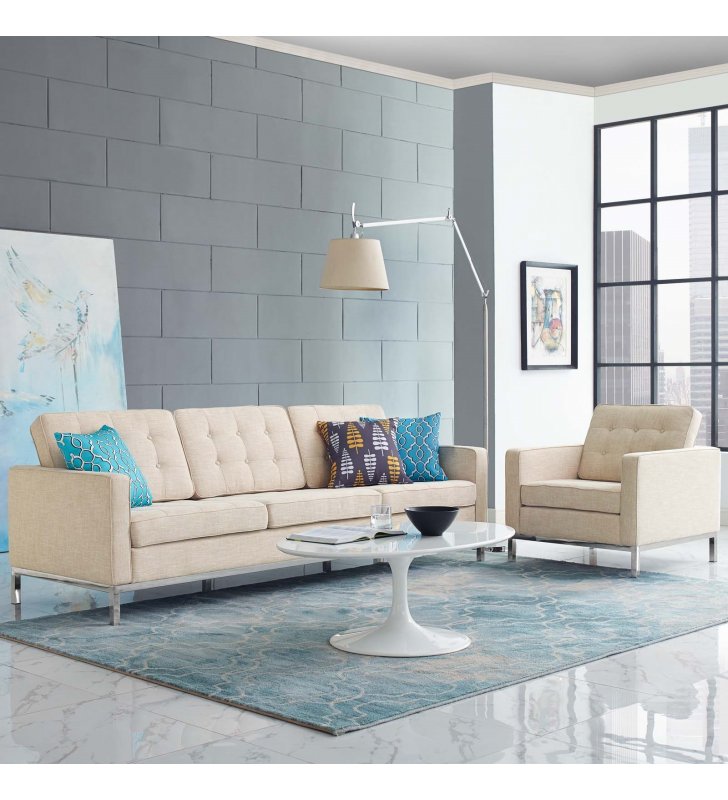 Loft 2 Piece Upholstered Fabric Sofa and Armchair Set in Beige - Lexmod