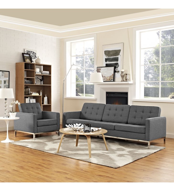 Loft 2 Piece Upholstered Fabric Sofa and Armchair Set in Gray - Lexmod