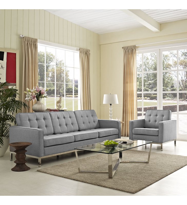 Loft 2 Piece Upholstered Fabric Sofa and Armchair Set in Light Gray - Lexmod