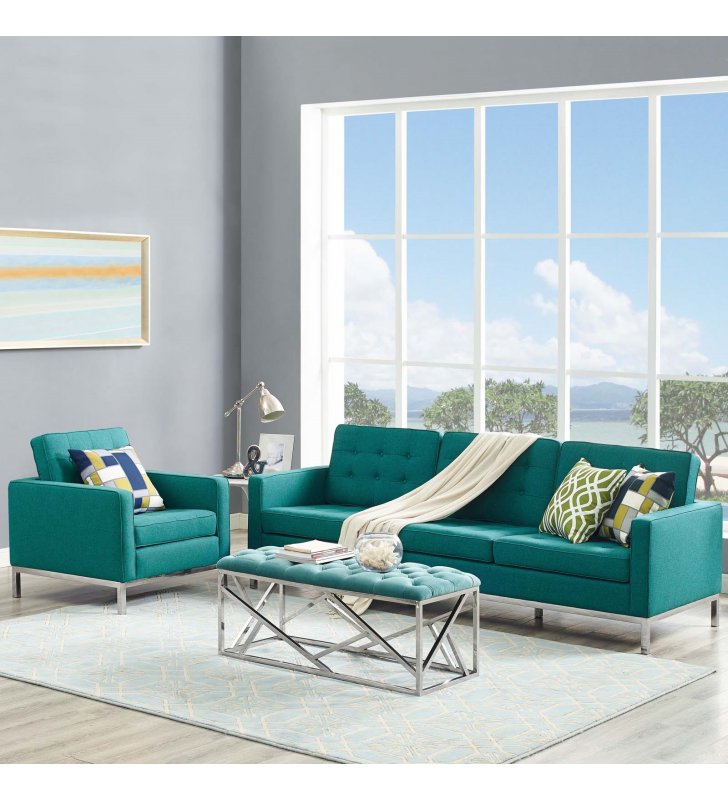 Loft 2 Piece Upholstered Fabric Sofa and Armchair Set in Teal - Lexmod