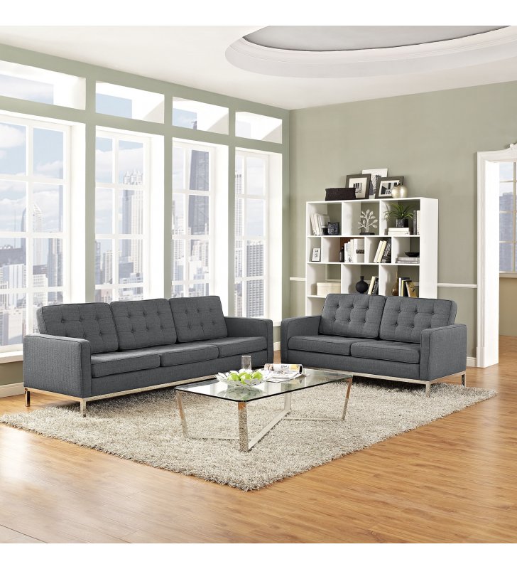 Loft 2 Piece Upholstered Fabric Sofa and Loveseat Set in Gray - Lexmod