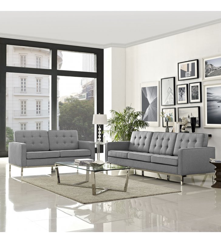 Loft 2 Piece Upholstered Fabric Sofa and Loveseat Set in Light Gray - Lexmod