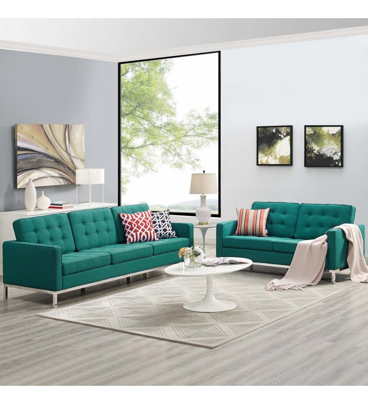 Loft 2 Piece Upholstered Fabric Sofa and Loveseat Set in Teal - Lexmod