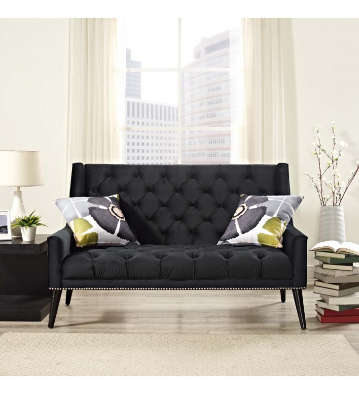 Peruse Performance Velvet Loveseat in Black - Lexmod