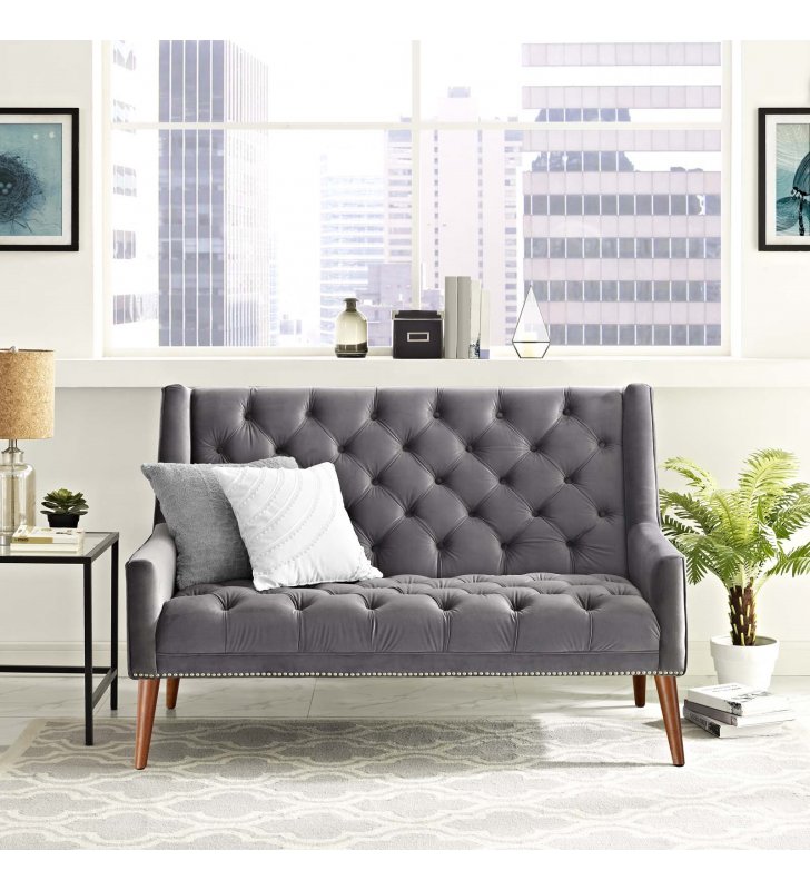 Peruse Performance Velvet Loveseat in Gray - Lexmod