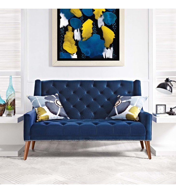 Peruse Performance Velvet Loveseat in Navy - Lexmod