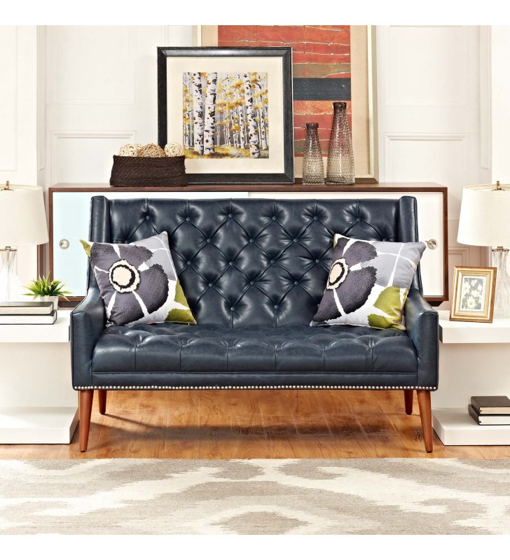 Peruse Upholstered Vinyl Loveseat in Blue - Lexmod