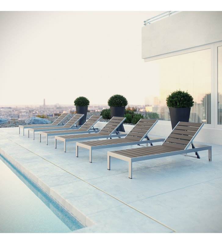 Shore Chaise Outdoor Patio Aluminum Set of 6 in Silver Gray - Lexmod