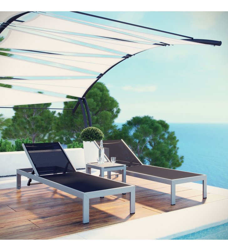Shore 3 Piece Outdoor Patio Aluminum Set in Silver Black - Lexmod