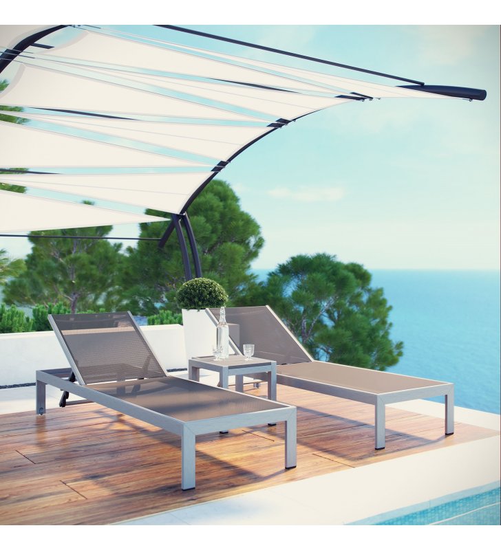 Shore 3 Piece Outdoor Patio Aluminum Set in Silver Gray - Lexmod