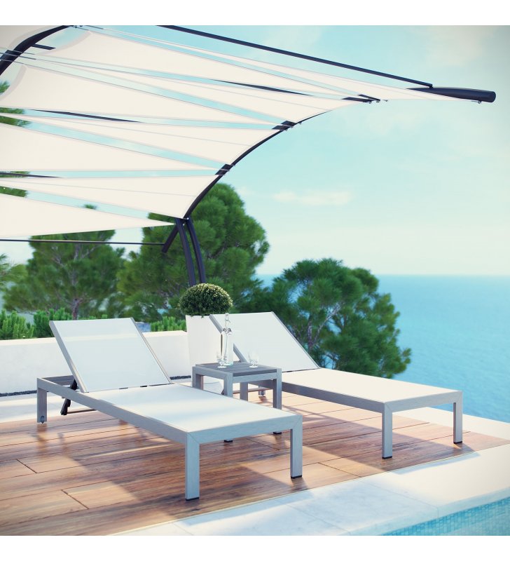 Shore 3 Piece Outdoor Patio Aluminum Set in Silver White - Lexmod