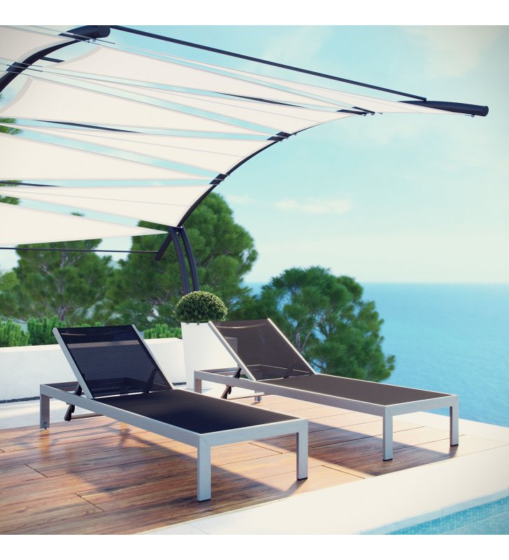 Shore Chaise Outdoor Patio Aluminum Set of 2 in Silver Black - Lexmod