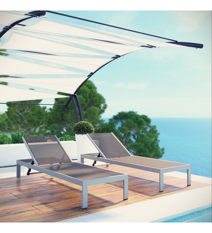 Shore Chaise Outdoor Patio Aluminum Set of 2 in Silver Gray - Lexmod