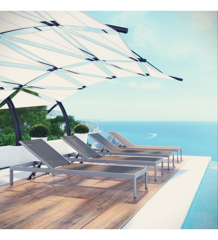 Shore Chaise Outdoor Patio Aluminum Set of 4 in Silver Gray - Lexmod