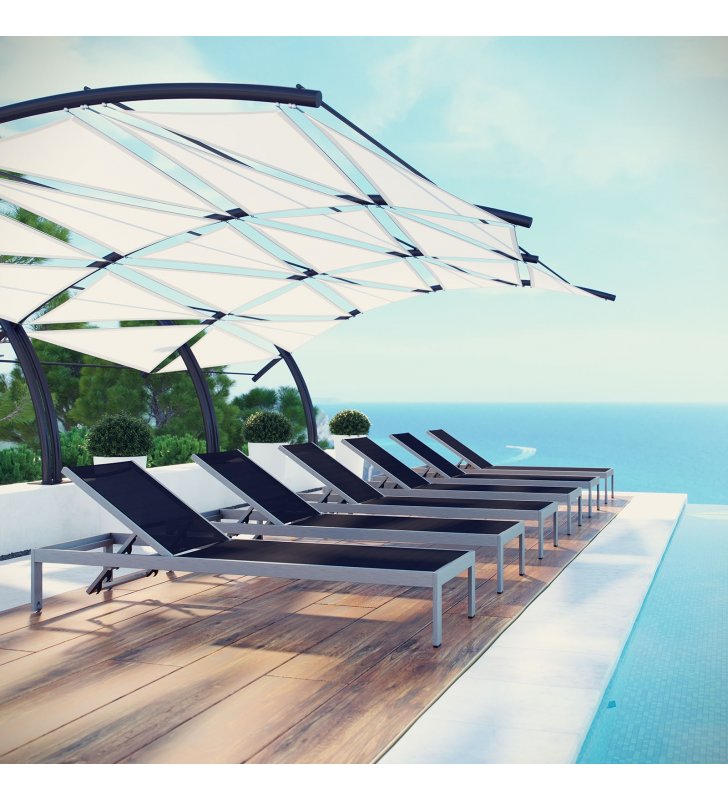 Shore Chaise Outdoor Patio Aluminum Set of 6 in Silver Black - Lexmod