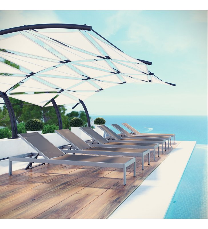 Shore Chaise Outdoor Patio Aluminum Set of 6 in Silver Gray - Lexmod