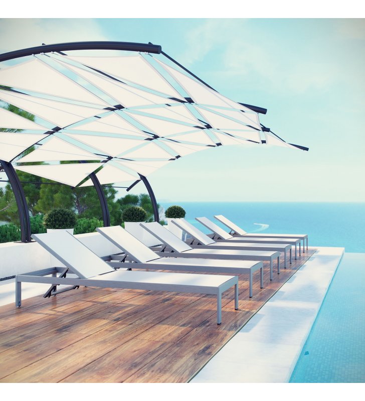 Shore Chaise Outdoor Patio Aluminum Set of 6 in Silver White - Lexmod