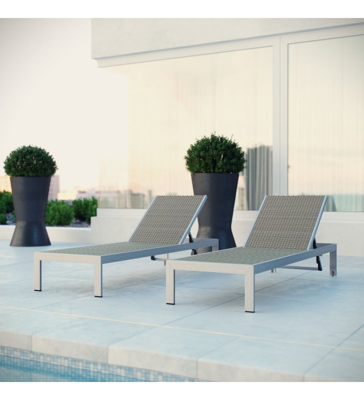 Shore Chaise Outdoor Patio Aluminum Set of 2 in Silver Gray - Lexmod
