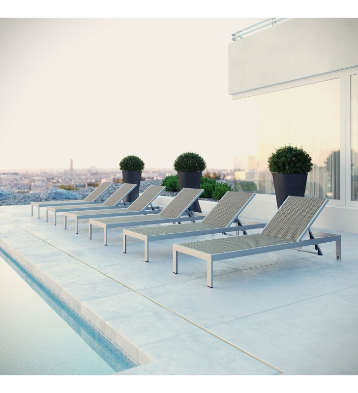 Shore Chaise Outdoor Patio Aluminum Set of 6 in Silver Gray - Lexmod
