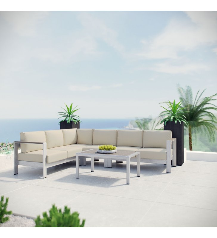 Shore 5 Piece Outdoor Patio Aluminum Sectional Sofa Set in Silver Beige - Lexmod