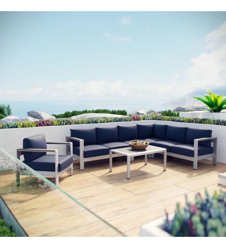 Shore 6 Piece Outdoor Patio Aluminum Sectional Sofa Set in Silver Navy - Lexmod