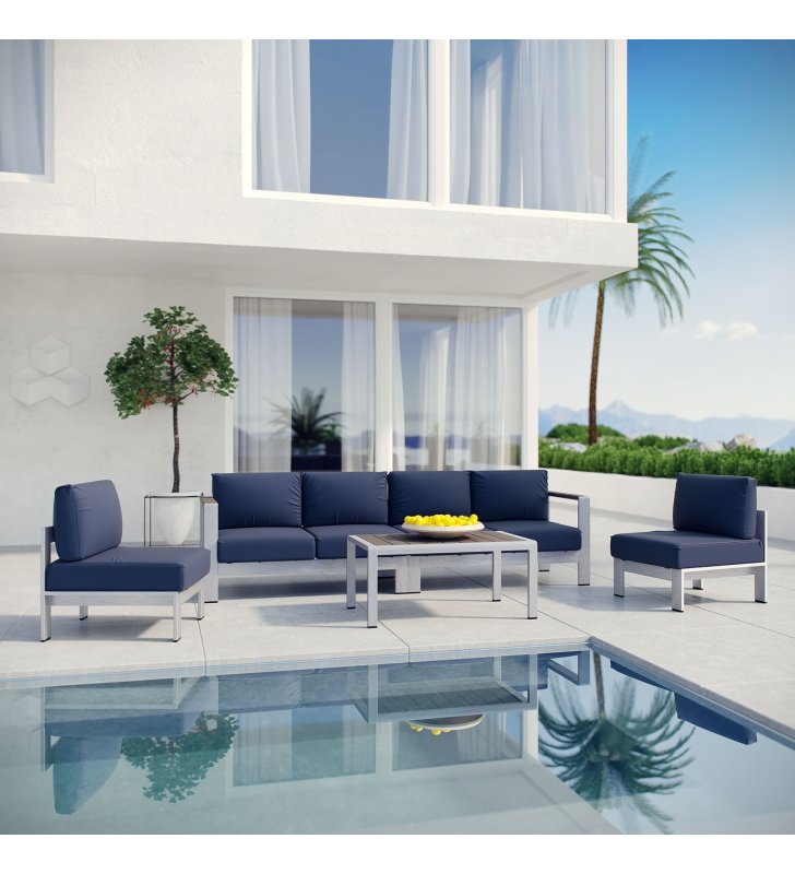 Shore 5 Piece Outdoor Patio Aluminum Sectional Sofa Set in Silver Navy - Lexmod
