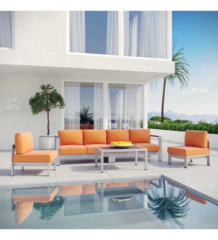 Shore 5 Piece Outdoor Patio Aluminum Sectional Sofa Set in Silver Orange - Lexmod