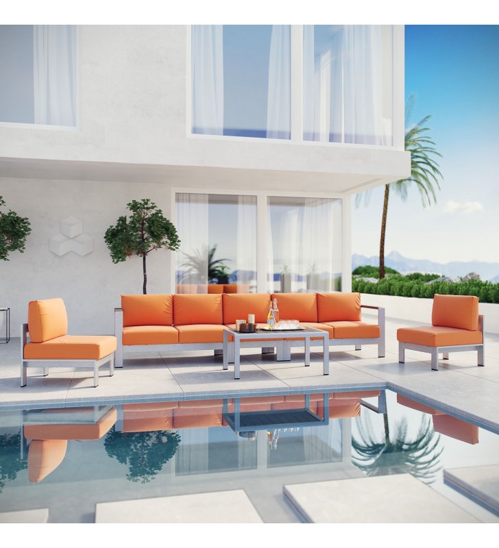 Shore 6 Piece Outdoor Patio Aluminum Sectional Sofa Set in Silver Orange - Lexmod
