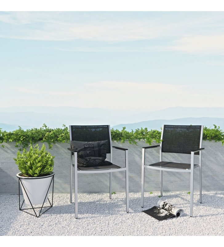 Shore Dining Chair Outdoor Patio Aluminum Set of 2 in Silver Black - Lexmod
