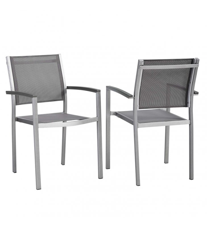 Shore Dining Chair Outdoor Patio Aluminum Set of 2 in Silver Gray - Lexmod