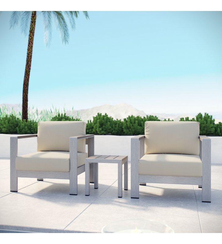 Shore 3 Piece Outdoor Patio Aluminum Set in Silver Beige - Lexmod
