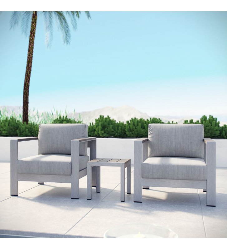 Shore 3 Piece Outdoor Patio Aluminum Set in Silver Gray - Lexmod