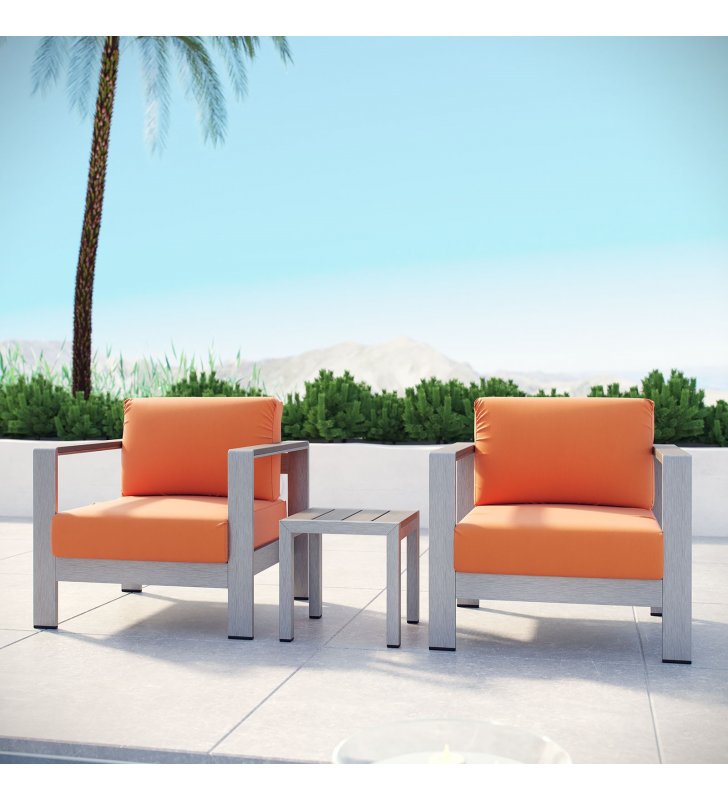 Shore 3 Piece Outdoor Patio Aluminum Set in Silver Orange - Lexmod