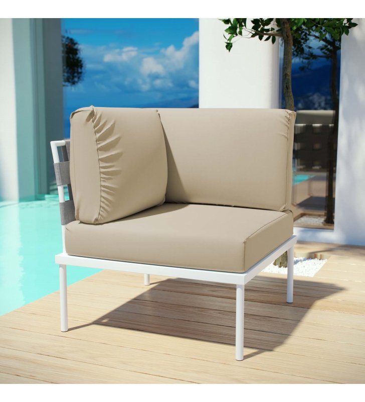 Harmony Outdoor Patio Aluminum Corner Sofa in White Beige - Lexmod