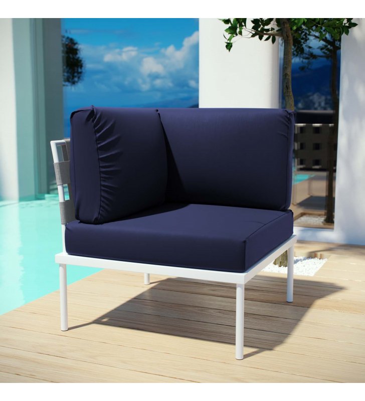 Harmony Outdoor Patio Aluminum Corner Sofa in White Navy - Lexmod