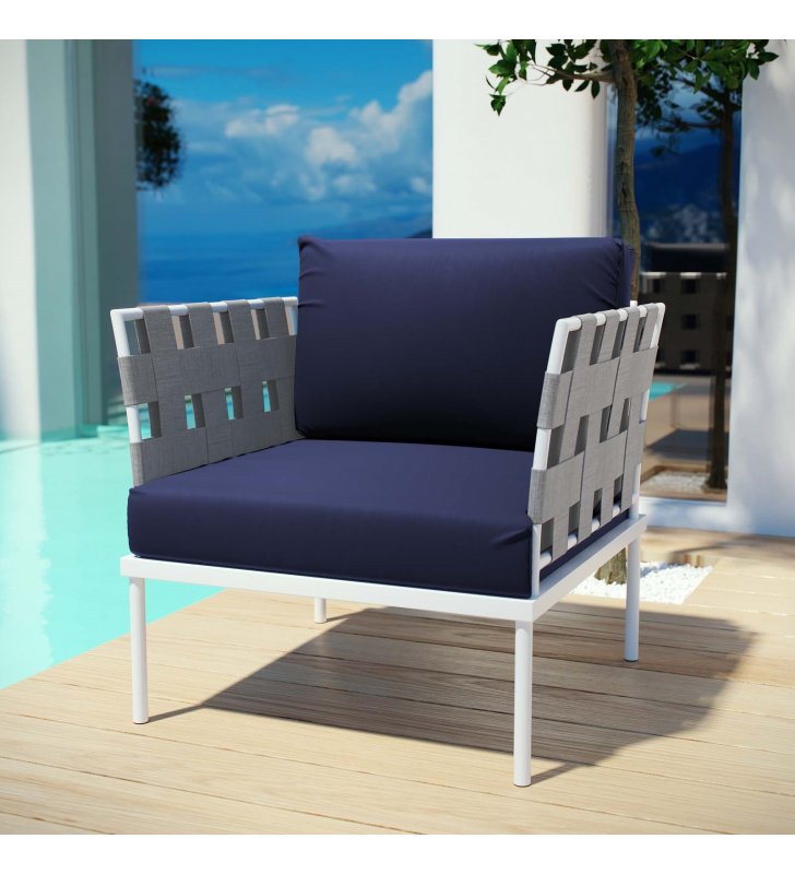 Harmony Outdoor Patio Aluminum Armchair in White Navy - Lexmod