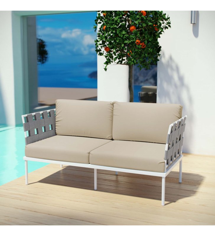Harmony Outdoor Patio Aluminum Loveseat in White Beige - Lexmod