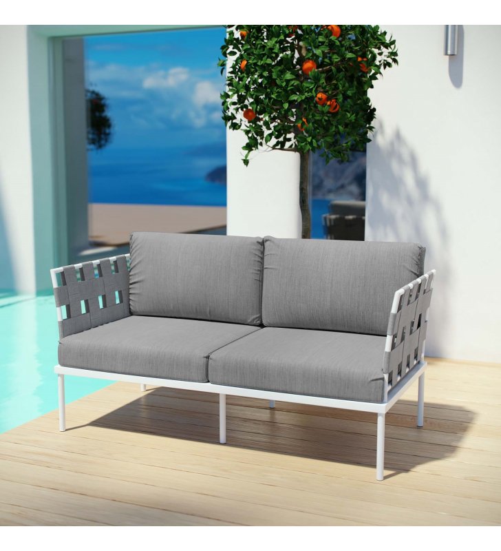 Harmony Outdoor Patio Aluminum Loveseat in White Gray - Lexmod