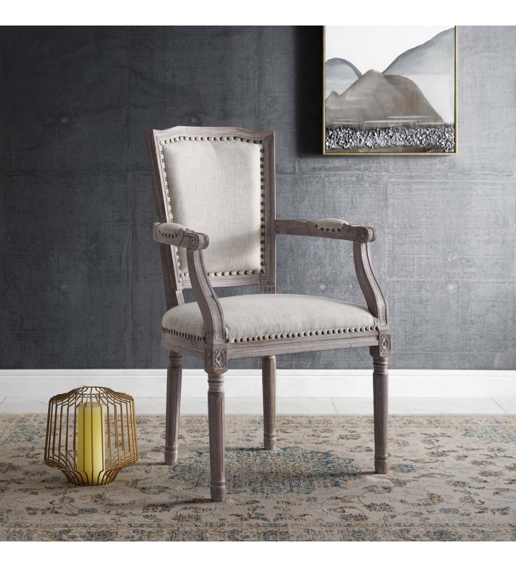Penchant Vintage French Upholstered Fabric Dining Armchair in Beige - Lexmod