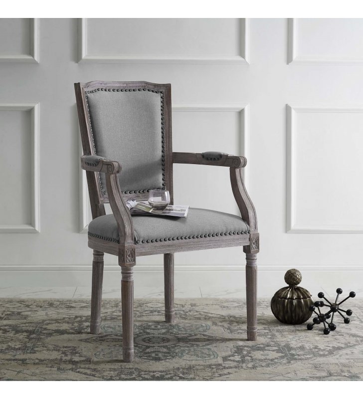Penchant Vintage French Upholstered Fabric Dining Armchair in Light Gray - Lexmod