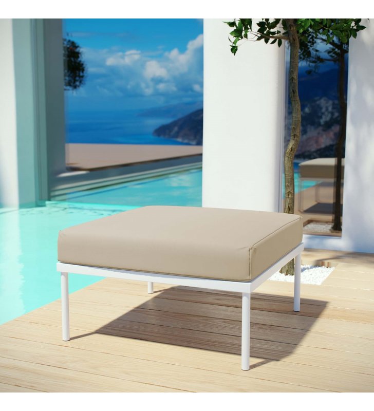 Harmony Outdoor Patio Aluminum Ottoman in White Beige - Lexmod