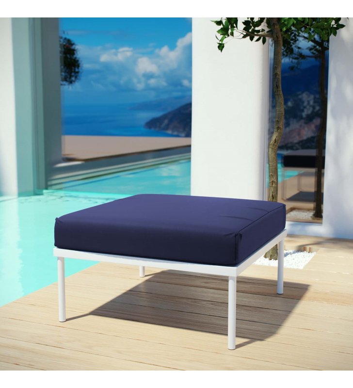 Harmony Outdoor Patio Aluminum Ottoman in White Navy - Lexmod