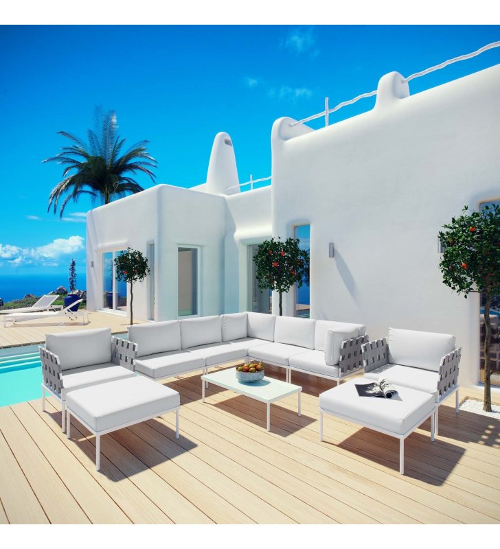 Harmony 10 Piece Outdoor Patio Aluminum Sectional Sofa Set in White White - Lexmod