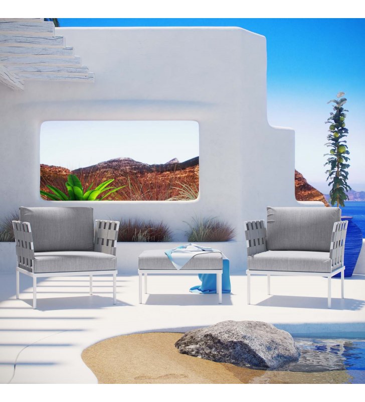 Harmony 3 Piece Outdoor Patio Aluminum Sectional Sofa Set in White Gray - Lexmod