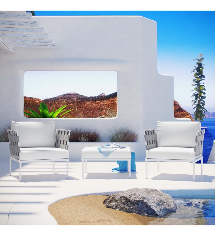 Harmony 3 Piece Outdoor Patio Aluminum Sectional Sofa Set in White White - Lexmod